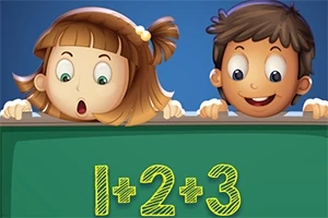 Två barn tittar nyfiket över en grön tavla med matematiktalet 1 + 2 + 3 i gula bokstäver