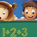 Två barn tittar nyfiket över en grön tavla med matematiktalet 1 + 2 + 3 i gula bokstäver