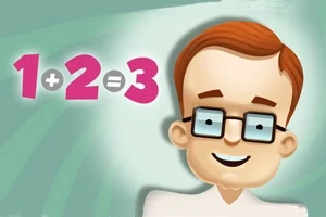 Tecknad person med glasögon och rött hår bredvid en matematisk ekvation 1 + 2 = 3 på en grön bakgrund