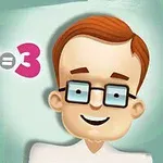 Tecknad person med glasögon och rött hår bredvid en matematisk ekvation 1 + 2 = 3 på en grön bakgrund