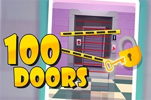 Färgglad våningsdörr med varningsband och stor gul nyckel bredvid med texten 100 Doors
