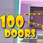 Färgglad våningsdörr med varningsband och stor gul nyckel bredvid med texten 100 Doors
