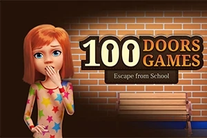 Flicka med rött hår och stjärnmönstrad klänning står framför en tegelvägg bredvid en träbänk, med texten 100 Doors Games: Escape from School i bakgrunden
