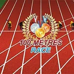 Startande löpare på en löparbana med texten 100 Metres Race och medaljer i bakgrunden