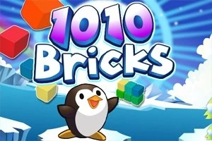 Tecknad pingvin på snöig bakgrund med färgglada block och texten 1010 Bricks