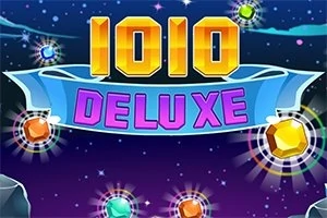 Texten 1010 DELUXE i färgglada, blockformade bokstäver mot en stjärnhimmel med glittrande juveler runtom
