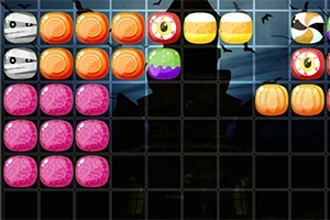 Färgglada spelbrickor med halloween-tema på ett rutnät framför en mörk silhuett av ett hus med fladdermöss i bakgrunden