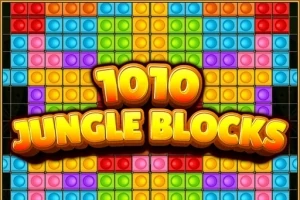 Färgglada block ordnade i ett rutnät med texten 1010 Jungle Blocks i mitten