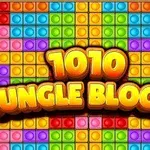 Färgglada block ordnade i ett rutnät med texten 1010 Jungle Blocks i mitten