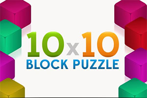 Färgglada 3D-block runt texten 10x10 BLOCK PUZZLE på vit bakgrund