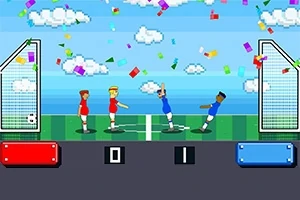 Två pixelgrafikspelare, en i röd och en i blå, står framför varsin målstolpe på en gräsplan med konfetti i luften