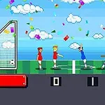 Två pixelgrafikspelare, en i röd och en i blå, står framför varsin målstolpe på en gräsplan med konfetti i luften