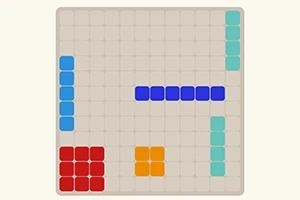 En fyrkantig spelbräda med färgglada block i rött, blått, orange och turkost placerade i ett rutnät