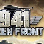 Stor text 1941 Frozen Front med en silhuett av en stridsvagn och vingar i bakgrunden