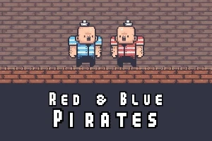 Två tecknade pirater med randiga tröjor står på en tegelplattform med texten Red & Blue Pirates nedanför