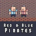 Två tecknade pirater med randiga tröjor står på en tegelplattform med texten Red & Blue Pirates nedanför