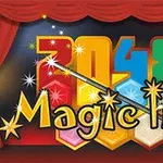 Logotyp med texten 2048 Magic Hex i färgglada bokstäver och en trollstav, omgiven av röda scenridåer