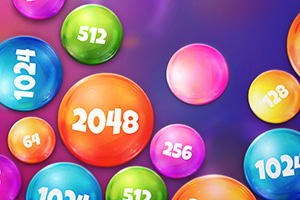 Färgglada sfärer med nummer som 2048, 512 och 128 mot en blå och lila bakgrund