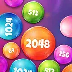 Färgglada sfärer med nummer som 2048, 512 och 128 mot en blå och lila bakgrund