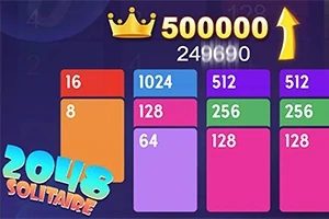 Färgglada numrerade kortstaplar med en poäng på 500000 och en krona ovanför, och texten 2048 Solitaire i hörnet
