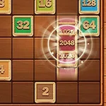 Ett pusselspel med kvadratiska träbrickor, siffror och ett lysande 2048-block