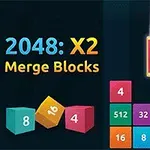 Färgglada numrerade block med texten 2048: X2 Merge Blocks bredvid