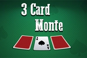 Texten 3 Card Monte över tre spelkort, varav två är vända nedåt och ett visar spader ess