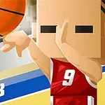En tecknad figur i en röd baskettröja med nummer 9 kastar en basketboll mot ett mål