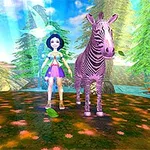 En tecknad flicka i färgglad klänning står bredvid en zebra på en blommande äng omgiven av träd och en glittrande älva under en blå himmel