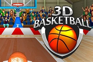 Basketbollbana med boll, basketkorg och åskådare i bakgrunden samt text som säger 3D Basketball