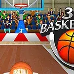 Basketbollbana med boll, basketkorg och åskådare i bakgrunden samt text som säger 3D Basketball