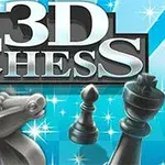 Texten 3D Chess med schackpjäser som en häst, en löpare och en kung på en blå bakgrund med stjärnor
