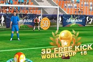 Fotbollsspelare står redo att sparka en frispark på en fotbollsplan med en ikon för poäng och texten 3D Free Kick World Cup 18 i förgrunden