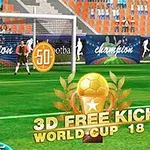 Fotbollsspelare står redo att sparka en frispark på en fotbollsplan med en ikon för poäng och texten 3D Free Kick World Cup 18 i förgrunden