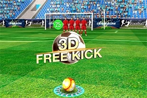 En 3D-fotboll med texten 3D Free Kick syns på ett grönt fotbollsplan med en målvakt och försvarare i bakgrunden
