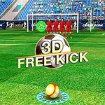 En 3D-fotboll med texten 3D Free Kick syns på ett grönt fotbollsplan med en målvakt och försvarare i bakgrunden