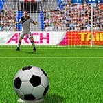 En fotboll på gräs framför en målvakt vid ett fullt publikt fotbollsmål