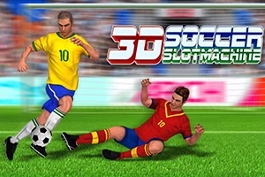 Två fotbollsspelare med nummer 10 på sina tröjor, en i gult och en i rött, mitt i en tackling på en grön fotbollsplan framför en publik och text som säger 3D Soccer Slot Machine