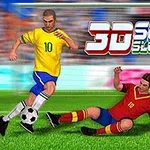 Två fotbollsspelare med nummer 10 på sina tröjor, en i gult och en i rött, mitt i en tackling på en grön fotbollsplan framför en publik och text som säger 3D Soccer Slot Machine