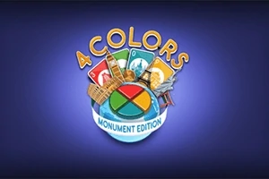 Logotyp med texten 4 Colors Monument Edition mot en blå bakgrund, med kort och monumentmotiv ovanför en färgad cirkel