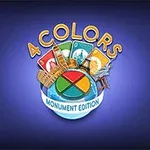 Logotyp med texten 4 Colors Monument Edition mot en blå bakgrund, med kort och monumentmotiv ovanför en färgad cirkel