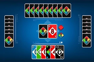 Spelbräde med flera uppsättningar av färgglada spelkort och en digital design på en blå bakgrund