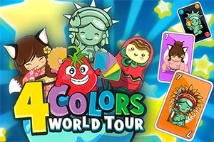 Tecknade figurer och färgglada kort med texten 4 Colors World Tour mot en bakgrund av stjärnor