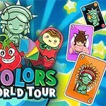 Tecknade figurer och färgglada kort med texten 4 Colors World Tour mot en bakgrund av stjärnor