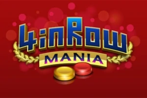 Texten 4 in Row Mania med gyllene lagerkrans och gula och röda spelmarkörer mot en röd bakgrund med ljuscirklar
