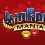 Texten 4 in Row Mania med gyllene lagerkrans och gula och röda spelmarkörer mot en röd bakgrund med ljuscirklar