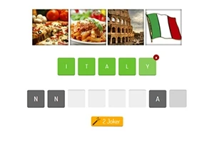 Bilder av pizza, pasta, Colosseum och Italiens flagga med bokstäver som stavar ITALY