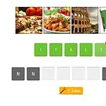 Bilder av pizza, pasta, Colosseum och Italiens flagga med bokstäver som stavar ITALY