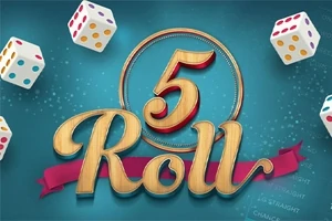 Klassisk design med ordet Roll 5 i stora bokstäver omgiven av tärningar mot en blå bakgrund