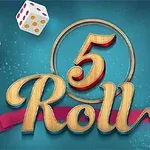 Klassisk design med ordet Roll 5 i stora bokstäver omgiven av tärningar mot en blå bakgrund